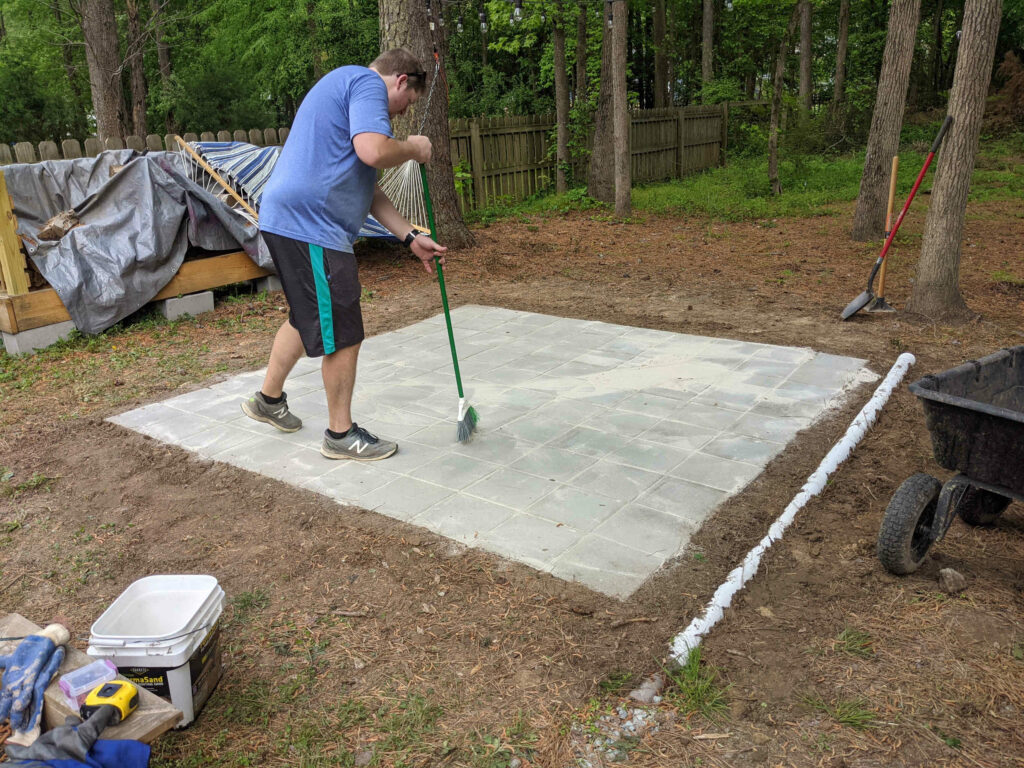 Build a Paver Patio - Sweeping Polymeric Sand - Paint Covered Overalls - Durham NC